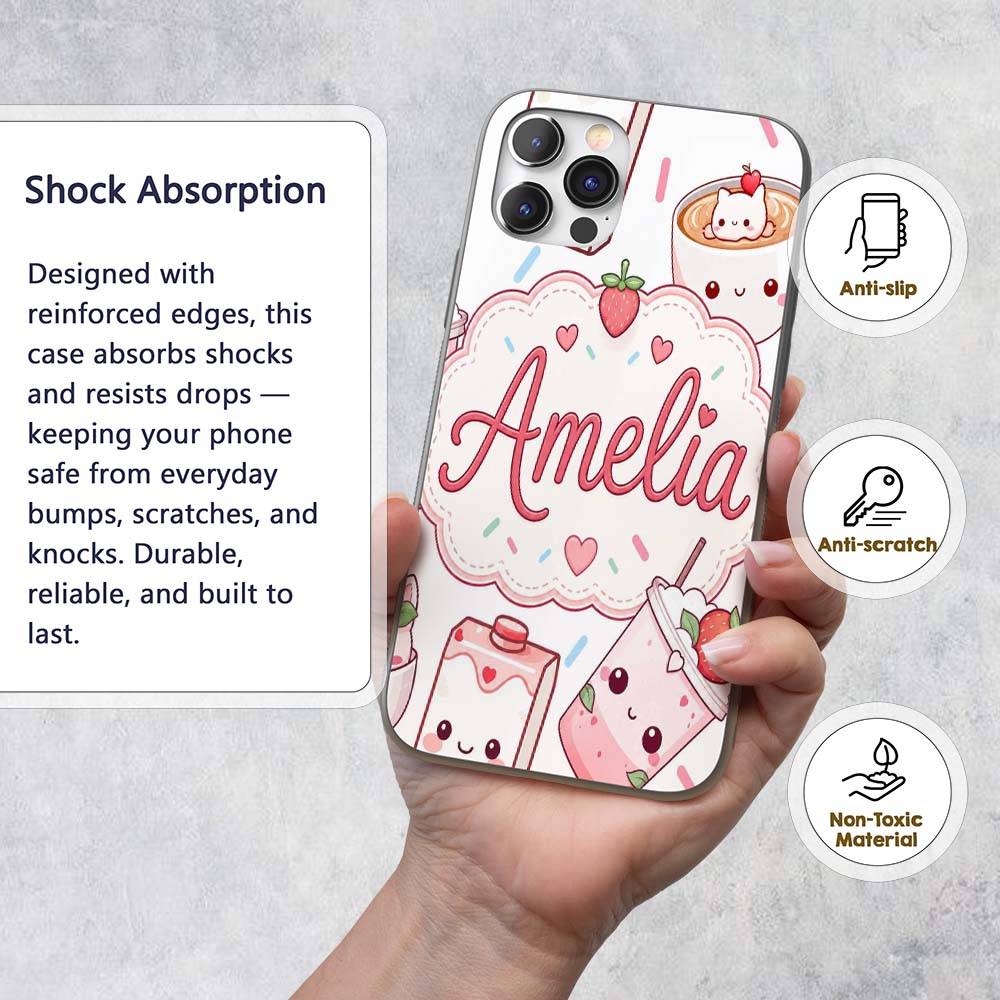 Cute Strawberry Cat Coffee Cups White Kawaii Custom Name Protective Phone Case Mobile Cover Durable Everyday Smartphone Shock Resistant