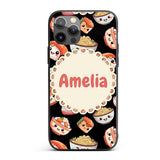 Cute Kawaii Sushi Rice Noodles Bowl Food Black Custom Name Protective Phone Case Mobile Cover Durable Everyday Smartphone Shock Resistant