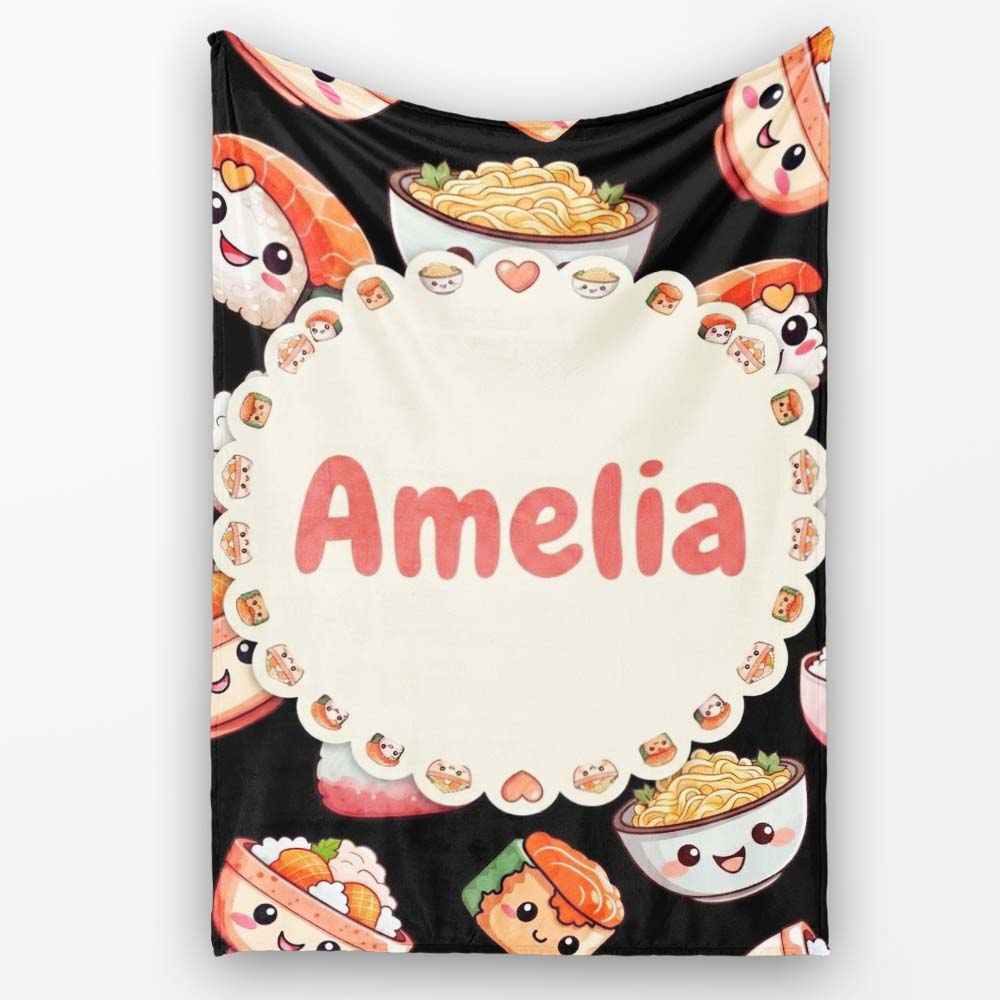 Cute Kawaii Sushi Rice Noodles Bowl Food Black Seamless Pattern Name  Personalised Custom Name Super Soft Fleece Blanket Bed Sofa Throw