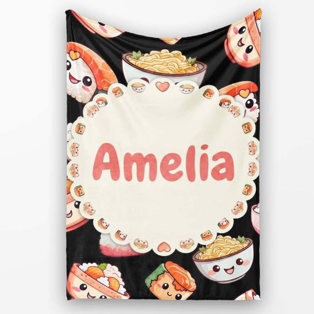 Cute Kawaii Sushi Rice Noodles Bowl Food Black Seamless Pattern Name  Personalised Custom Name Super Soft Fleece Blanket Bed Sofa Throw