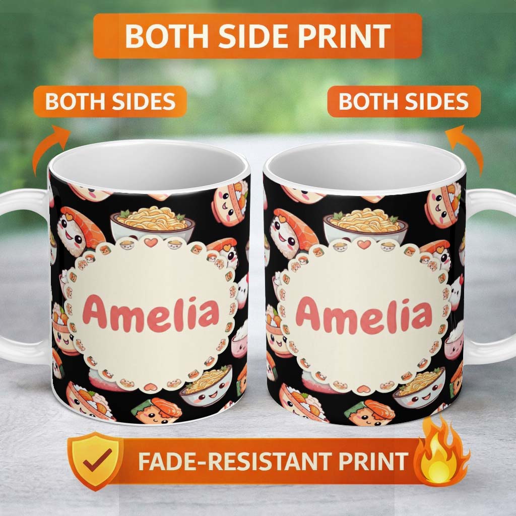 Personalized Custom Name Cute Kawaii Sushi Rice Noodles Bowl Food Black Seamless Pattern Name 11oz Ceramic Coffee Tea Mug White Large Handle