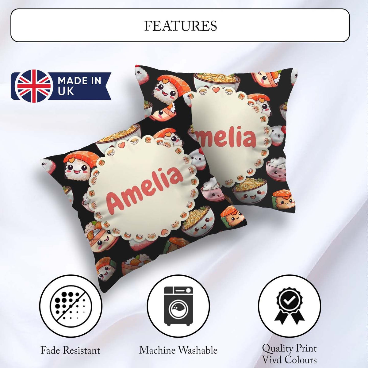 Custom Name Cute Kawaii Sushi Rice Bowl Food Black Seamless Name Square Filled Cushion Throw Pillow Sofa Bed Home Decor Zip Washable UK Made