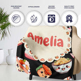 Cute Kawaii Sushi Rice Noodles Bowl Food Black Seamless Pattern Name  Personalised Custom Name Super Soft Fleece Blanket Bed Sofa Throw