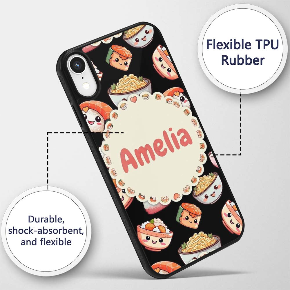 Cute Kawaii Sushi Rice Noodles Bowl Food Black Custom Name Protective Phone Case Mobile Cover Durable Everyday Smartphone Shock Resistant