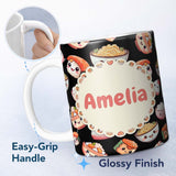 Personalized Custom Name Cute Kawaii Sushi Rice Noodles Bowl Food Black Seamless Pattern Name 11oz Ceramic Coffee Tea Mug White Large Handle