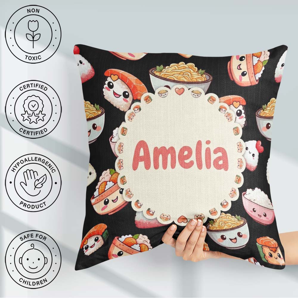 Custom Name Cute Kawaii Sushi Rice Bowl Food Black Seamless Name Square Filled Cushion Throw Pillow Sofa Bed Home Decor Zip Washable UK Made