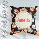 Custom Name Cute Kawaii Sushi Rice Bowl Food Black Seamless Name Square Filled Cushion Throw Pillow Sofa Bed Home Decor Zip Washable UK Made