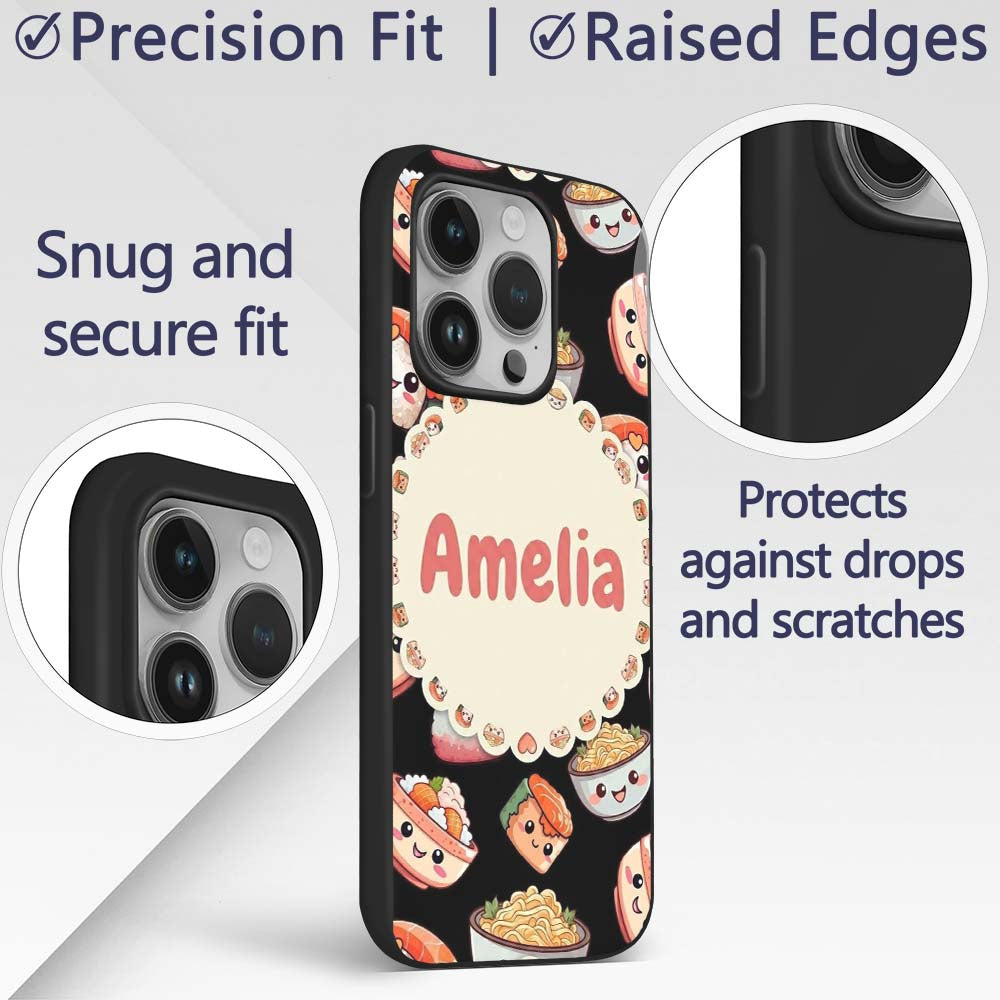 Cute Kawaii Sushi Rice Noodles Bowl Food Black Custom Name Protective Phone Case Mobile Cover Durable Everyday Smartphone Shock Resistant