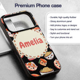 Cute Kawaii Sushi Rice Noodles Bowl Food Black Custom Name Protective Phone Case Mobile Cover Durable Everyday Smartphone Shock Resistant