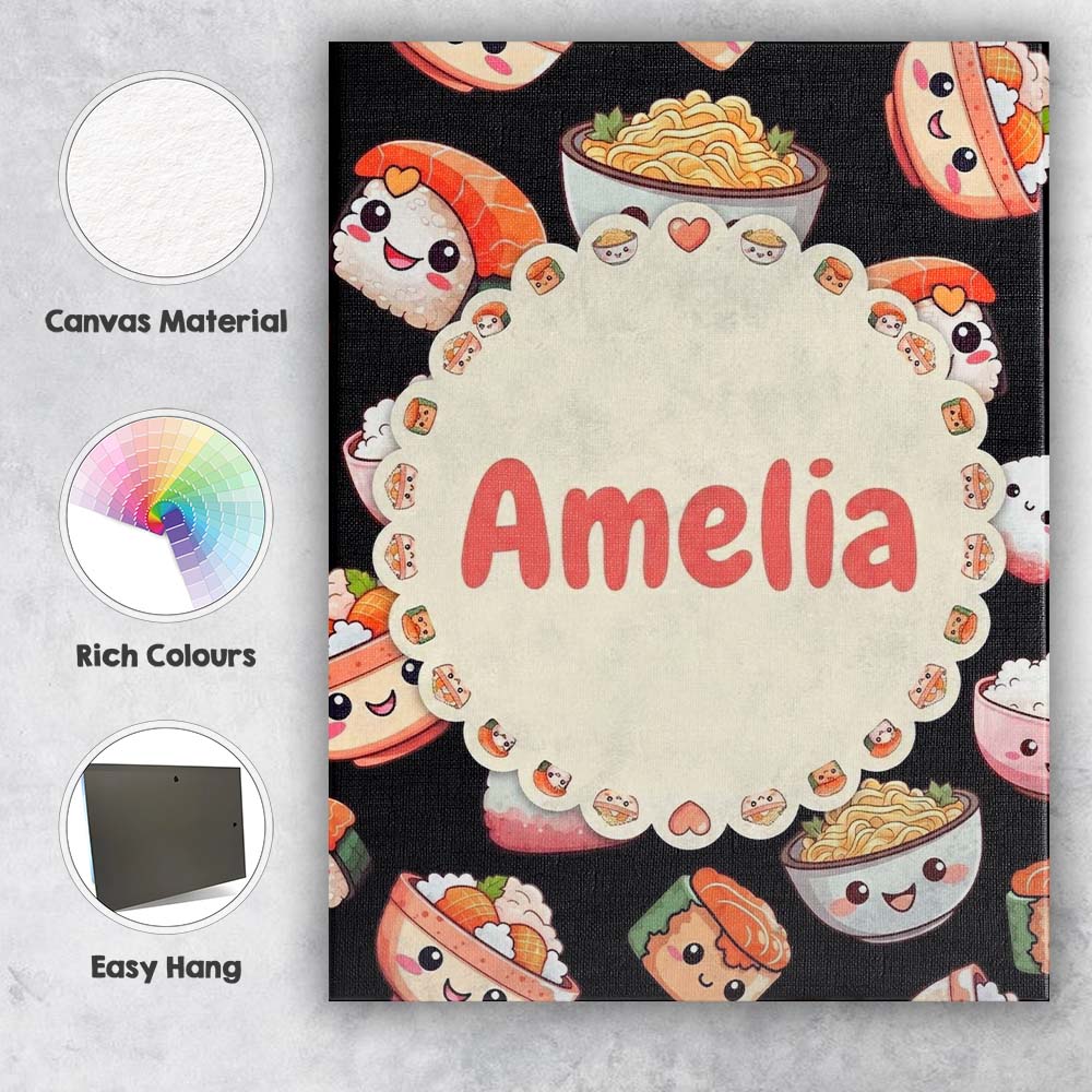 Personalised Name Cute Kawaii Sushi Rice Custom  Unique Gift Idea Elegant Feature Canvas Wall Art Print Decor Picture Ready to Hang