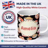 Personalized Custom Name Cute Kawaii Sushi Rice Noodles Bowl Food Black Seamless Pattern Name 11oz Ceramic Coffee Tea Mug White Large Handle