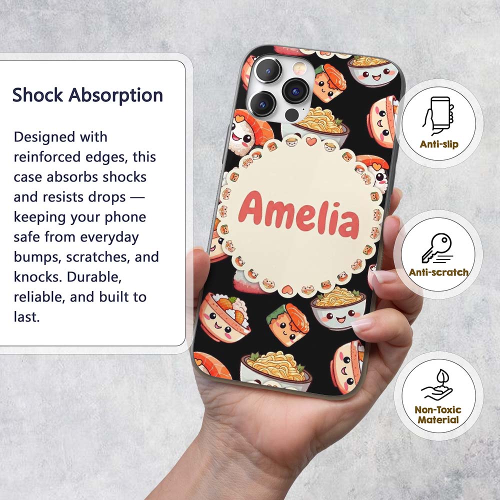 Cute Kawaii Sushi Rice Noodles Bowl Food Black Custom Name Protective Phone Case Mobile Cover Durable Everyday Smartphone Shock Resistant