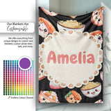 Cute Kawaii Sushi Rice Noodles Bowl Food Black Seamless Pattern Name  Personalised Custom Name Super Soft Fleece Blanket Bed Sofa Throw