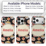 Cute Kawaii Sushi Rice Noodles Bowl Food Black Custom Name Protective Phone Case Mobile Cover Durable Everyday Smartphone Shock Resistant