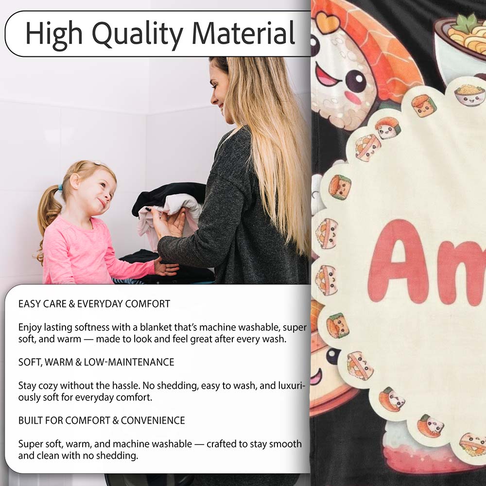 Cute Kawaii Sushi Rice Noodles Bowl Food Black Seamless Pattern Name  Personalised Custom Name Super Soft Fleece Blanket Bed Sofa Throw