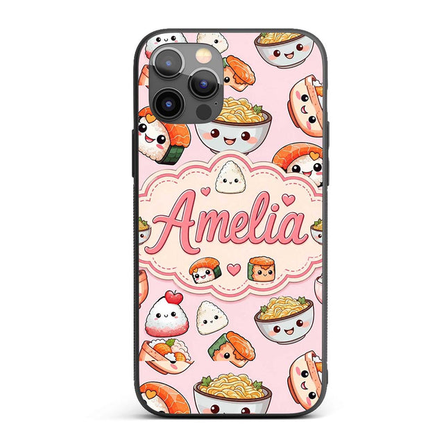 Cute Kawaii Sushi Rice Bowls and Printed Design Custom Name Protective Phone Case Mobile Cover Durable Everyday Smartphone Shock Resistant
