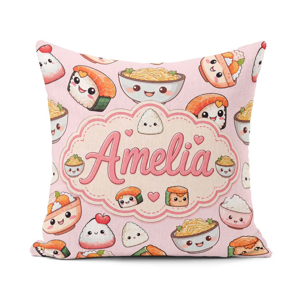 Custom Name Cute Kawaii Sushi Rice Bowls and Characters Seamless Square Filled Cushion Throw Pillow Sofa Bed Home Decor Zip Washable UK Made