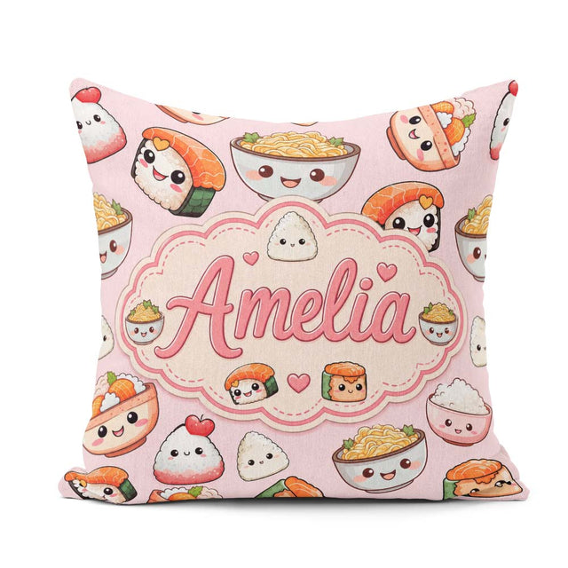 Custom Name Cute Kawaii Sushi Rice Bowls and Characters Seamless Square Filled Cushion Throw Pillow Sofa Bed Home Decor Zip Washable UK Made