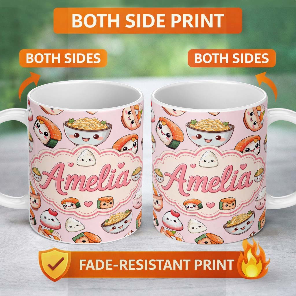 Personalized Custom Name Cute Kawaii Sushi Rice Bowls and Noodles Characters Seamless 11oz Ceramic Coffee Tea Mug White Large Handle