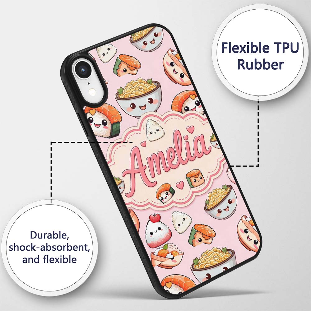 Cute Kawaii Sushi Rice Bowls and Printed Design Custom Name Protective Phone Case Mobile Cover Durable Everyday Smartphone Shock Resistant