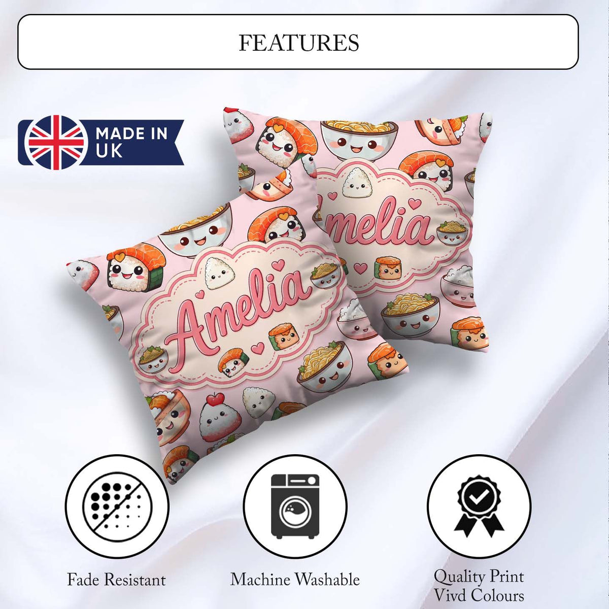 Custom Name Cute Kawaii Sushi Rice Bowls and Characters Seamless Square Filled Cushion Throw Pillow Sofa Bed Home Decor Zip Washable UK Made
