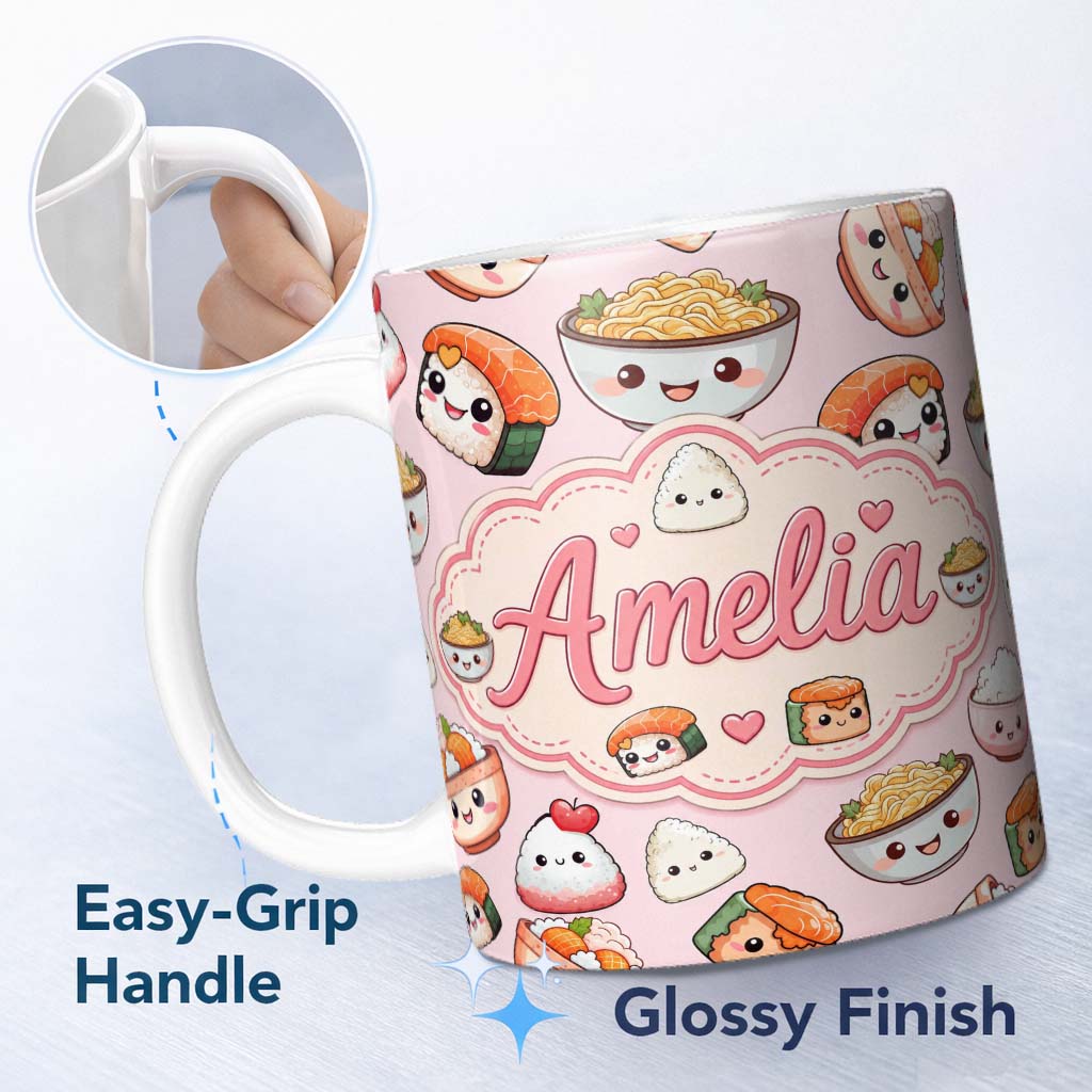 Personalized Custom Name Cute Kawaii Sushi Rice Bowls and Noodles Characters Seamless 11oz Ceramic Coffee Tea Mug White Large Handle