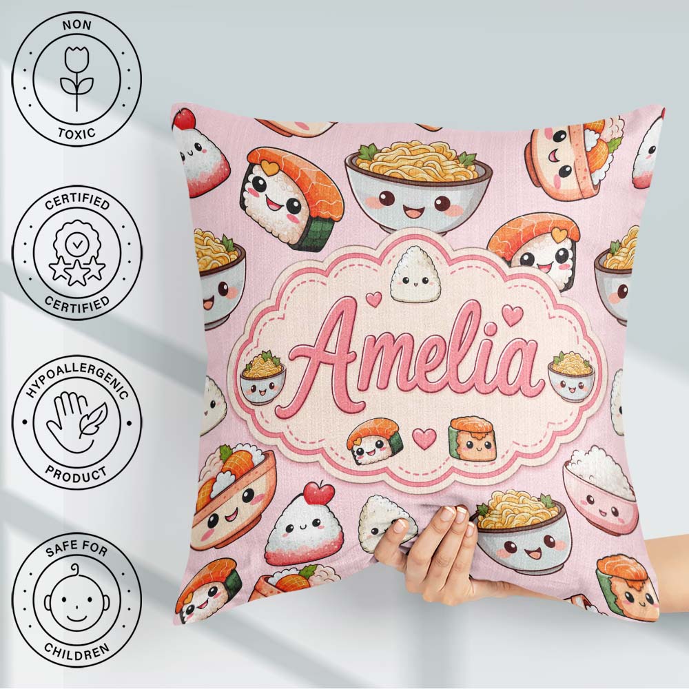 Custom Name Cute Kawaii Sushi Rice Bowls and Characters Seamless Square Filled Cushion Throw Pillow Sofa Bed Home Decor Zip Washable UK Made