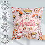 Custom Name Cute Kawaii Sushi Rice Bowls and Characters Seamless Square Filled Cushion Throw Pillow Sofa Bed Home Decor Zip Washable UK Made