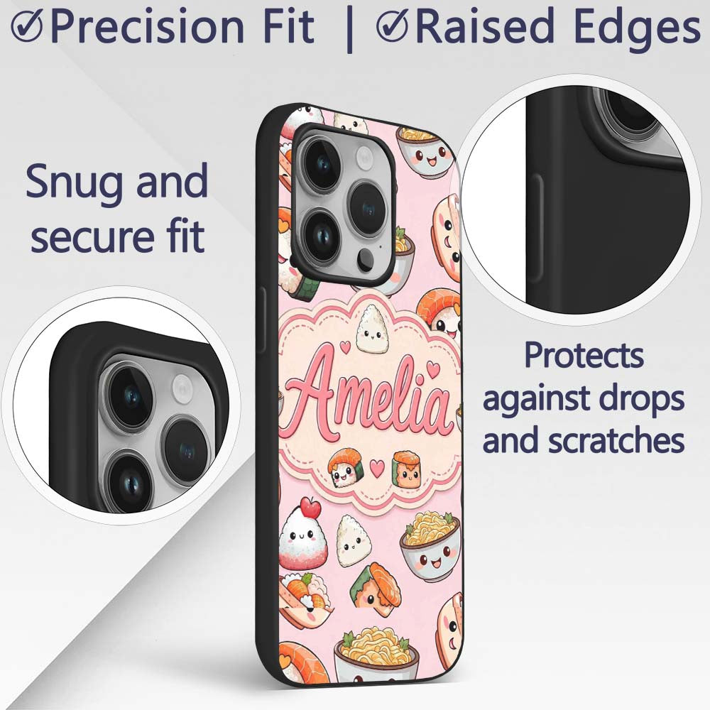 Cute Kawaii Sushi Rice Bowls and Printed Design Custom Name Protective Phone Case Mobile Cover Durable Everyday Smartphone Shock Resistant