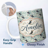 Personalized Custom Name Puffin and Daisy Floral Pattern Soft Botanical Seamless Design 11oz Ceramic Coffee Tea Mug White Large Handle