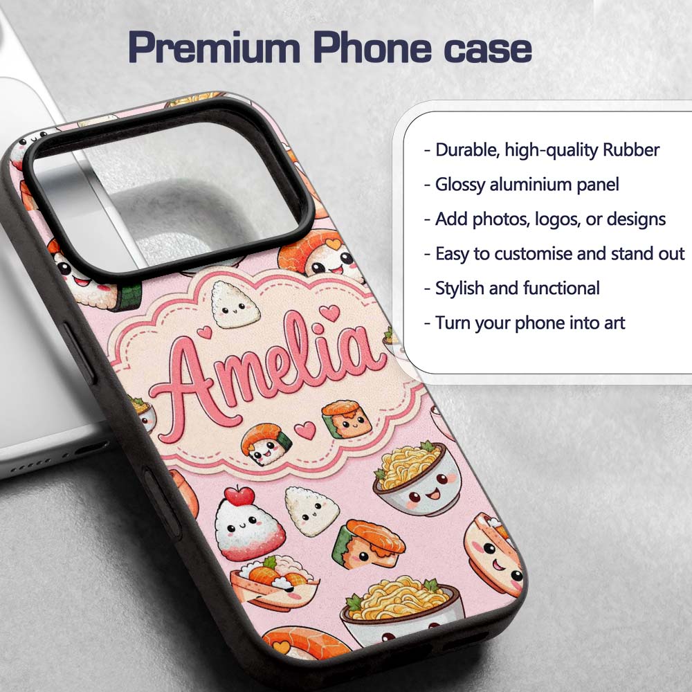Cute Kawaii Sushi Rice Bowls and Printed Design Custom Name Protective Phone Case Mobile Cover Durable Everyday Smartphone Shock Resistant