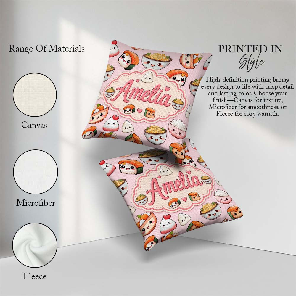 Custom Name Cute Kawaii Sushi Rice Bowls and Characters Seamless Square Filled Cushion Throw Pillow Sofa Bed Home Decor Zip Washable UK Made