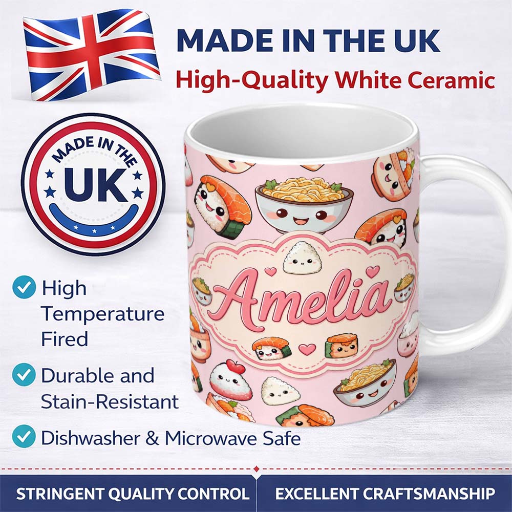 Personalized Custom Name Cute Kawaii Sushi Rice Bowls and Noodles Characters Seamless 11oz Ceramic Coffee Tea Mug White Large Handle