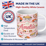Personalized Custom Name Cute Kawaii Sushi Rice Bowls and Noodles Characters Seamless 11oz Ceramic Coffee Tea Mug White Large Handle