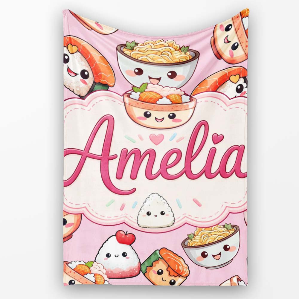 Kawaii Sushi Rice Bowls and Noodles Characters Pink Seamless  Personalised Custom Name Super Soft Fleece Blanket Bed Sofa Throw