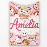 Kawaii Sushi Rice Bowls and Noodles Characters Pink Seamless  Personalised Custom Name Super Soft Fleece Blanket Bed Sofa Throw