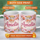 Personalized Custom Name Kawaii Sushi Rice Bowls and Noodles Characters Pink Seamless 11oz Ceramic Coffee Tea Mug White Large Handle