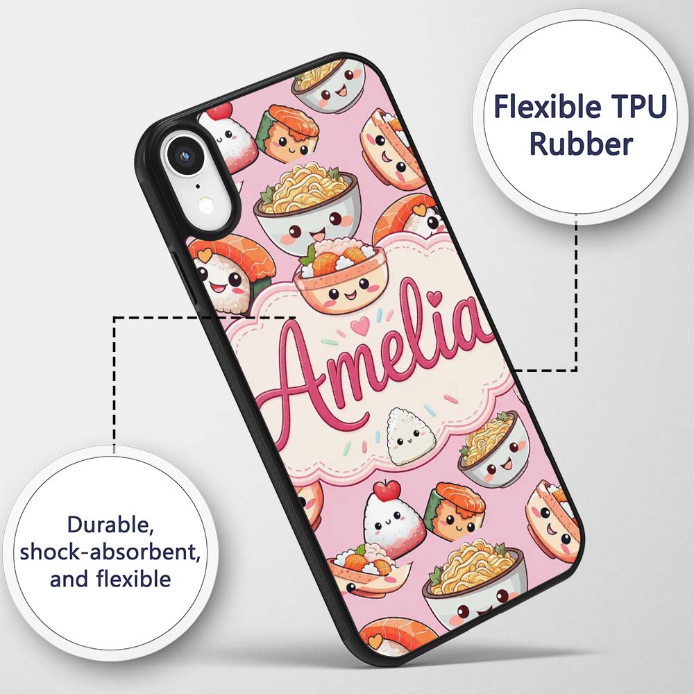 Kawaii Sushi Rice Bowls and Noodles Characters Custom Name Protective Phone Case Mobile Cover Durable Everyday Smartphone Shock Resistant