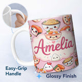Personalized Custom Name Kawaii Sushi Rice Bowls and Noodles Characters Pink Seamless 11oz Ceramic Coffee Tea Mug White Large Handle