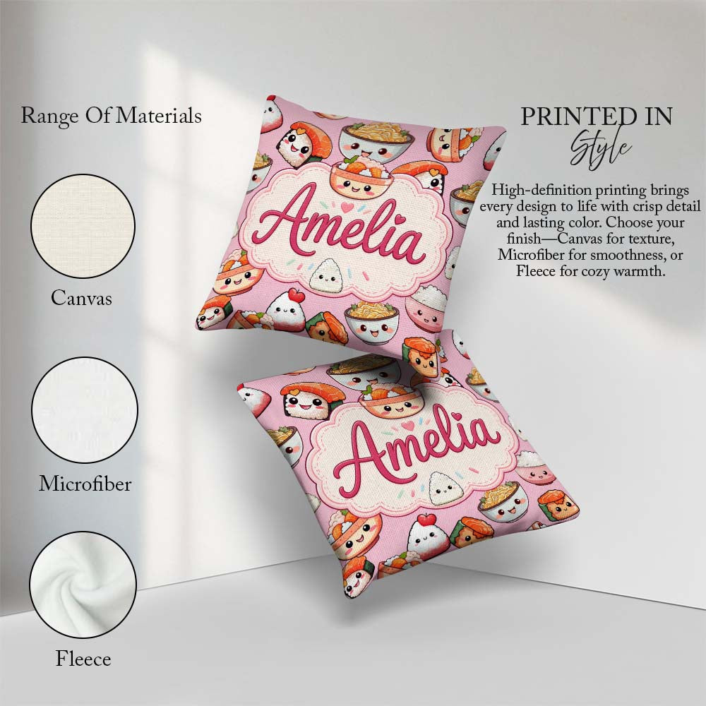 Custom Name Kawaii Sushi Rice Bowls and Characters Pink Seamless Square Filled Cushion Throw Pillow Sofa Bed Home Decor Zip Washable UK Made
