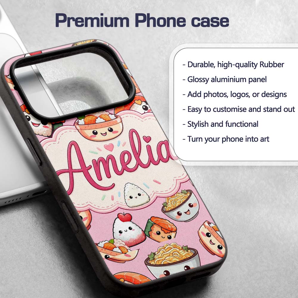 Kawaii Sushi Rice Bowls and Noodles Characters Custom Name Protective Phone Case Mobile Cover Durable Everyday Smartphone Shock Resistant