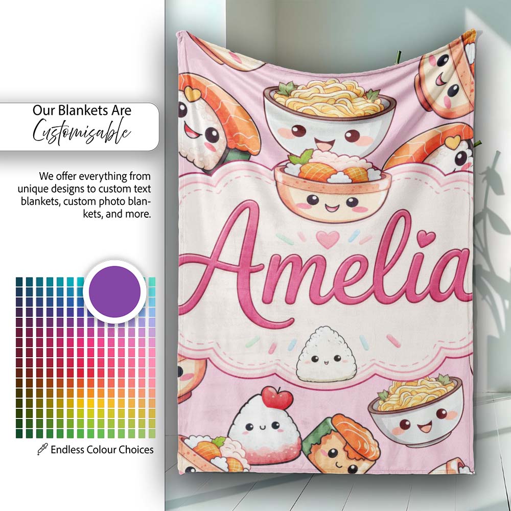 Kawaii Sushi Rice Bowls and Noodles Characters Pink Seamless  Personalised Custom Name Super Soft Fleece Blanket Bed Sofa Throw