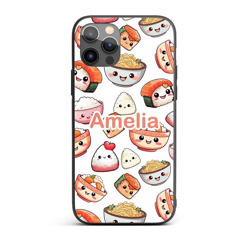 Kawaii Sushi Rice Bowls and Noodles Characters Custom Name Protective Phone Case Mobile Cover Durable Everyday Smartphone Shock Resistant
