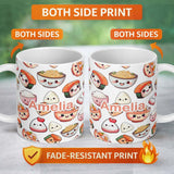 Personalized Custom Name Kawaii Sushi Rice Bowls and Noodles Characters White Seamless 11oz Ceramic Coffee Tea Mug White Large Handle