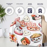 Kawaii Sushi Rice Bowls and Noodles Characters White Seamless  Personalised Custom Name Super Soft Fleece Blanket Bed Sofa Throw