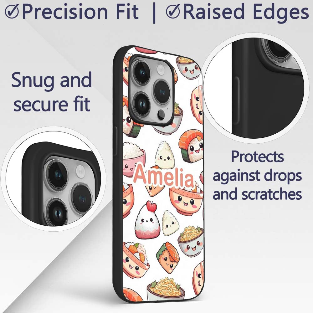 Kawaii Sushi Rice Bowls and Noodles Characters Custom Name Protective Phone Case Mobile Cover Durable Everyday Smartphone Shock Resistant