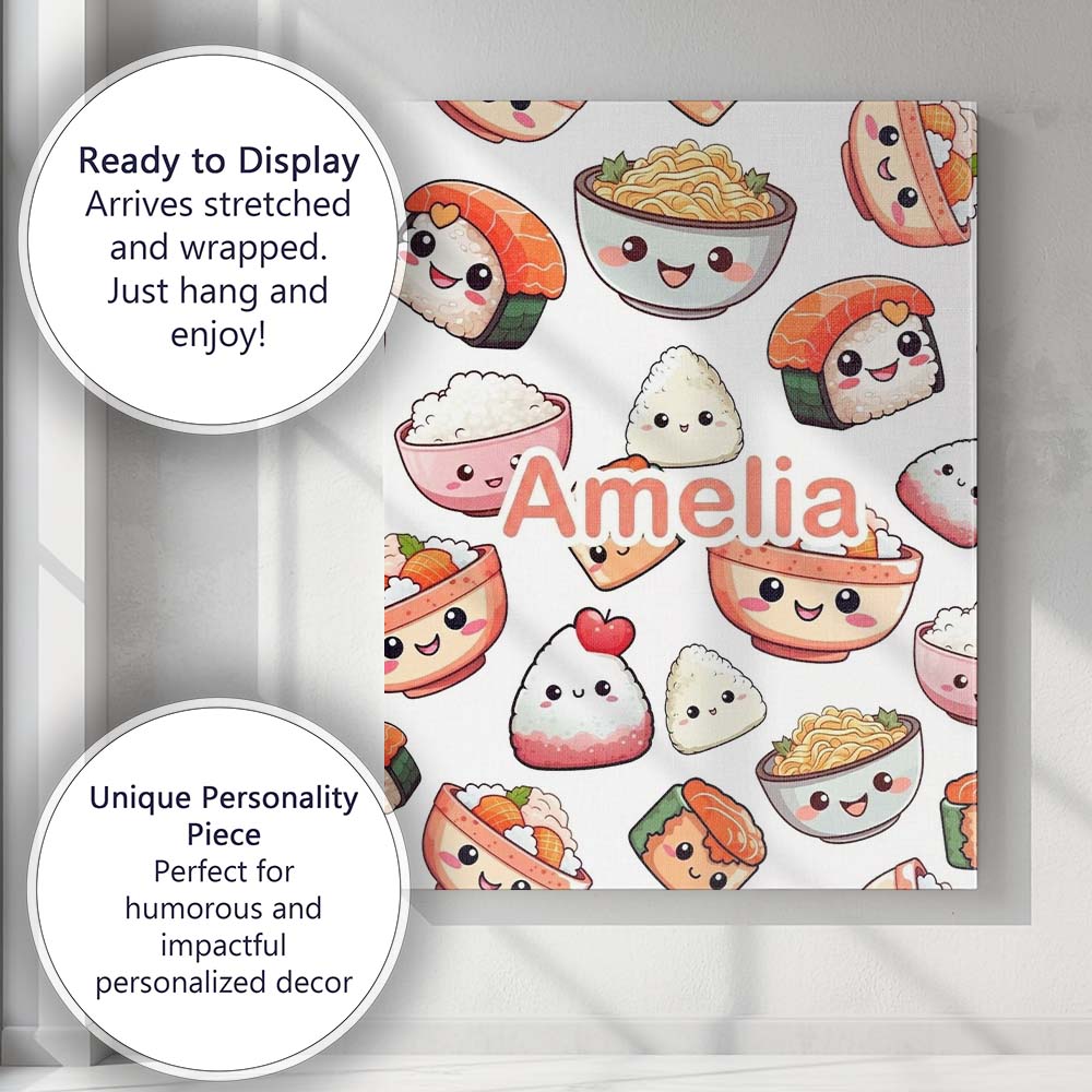 Personalised Name Kawaii Sushi Rice Bowls Custom  Unique Gift Idea Elegant Feature Canvas Wall Art Print Decor Picture Ready to Hang