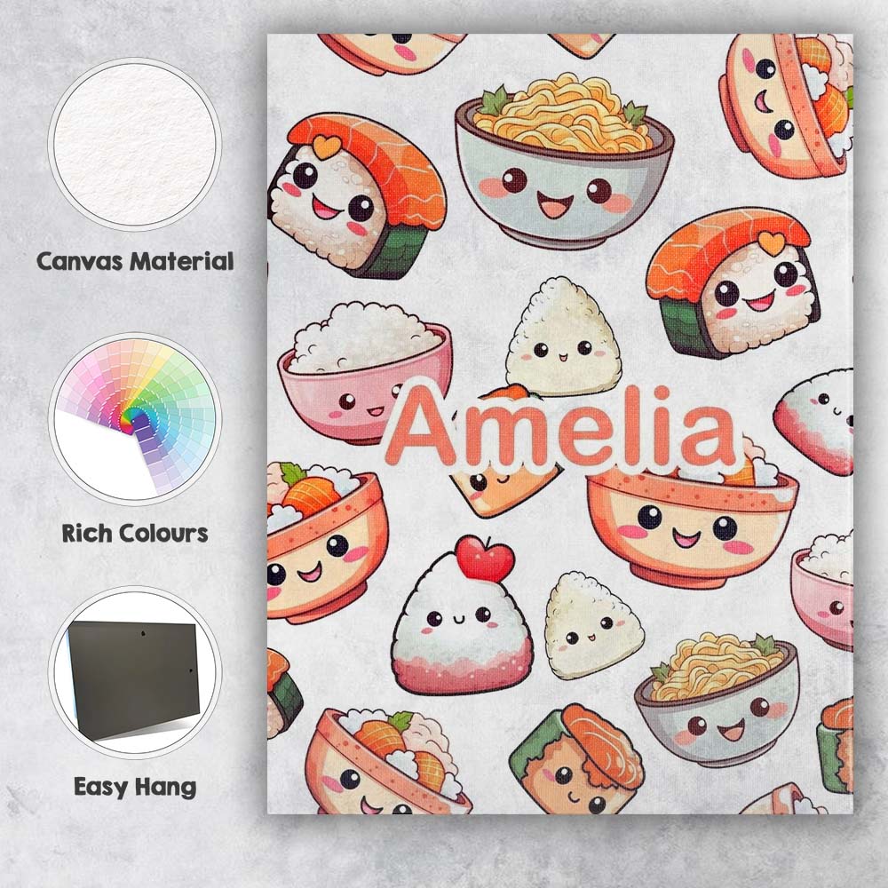 Personalised Name Kawaii Sushi Rice Bowls Custom  Unique Gift Idea Elegant Feature Canvas Wall Art Print Decor Picture Ready to Hang