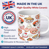 Personalized Custom Name Kawaii Sushi Rice Bowls and Noodles Characters White Seamless 11oz Ceramic Coffee Tea Mug White Large Handle
