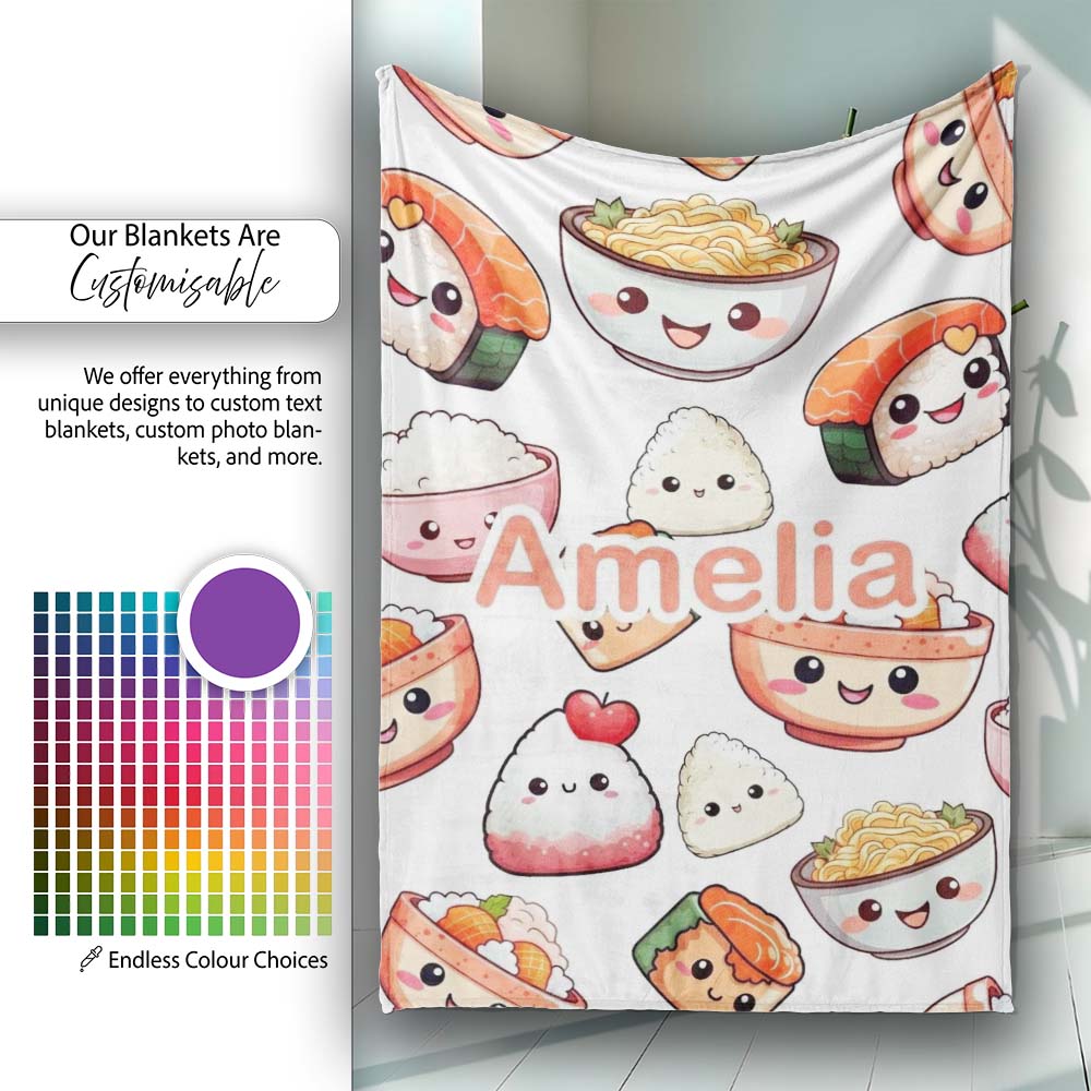 Kawaii Sushi Rice Bowls and Noodles Characters White Seamless  Personalised Custom Name Super Soft Fleece Blanket Bed Sofa Throw